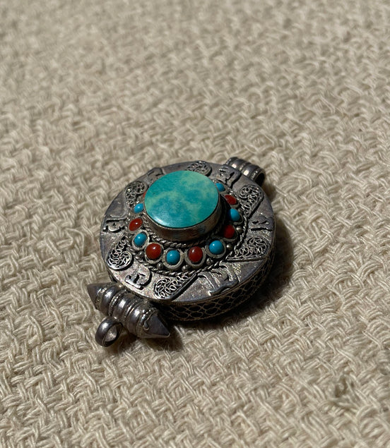 Turquoise and Coral Silver Pendent
