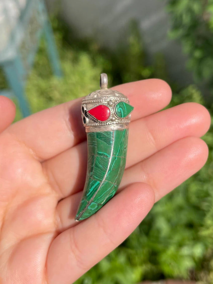 Malachite and Coral Silver Pendent