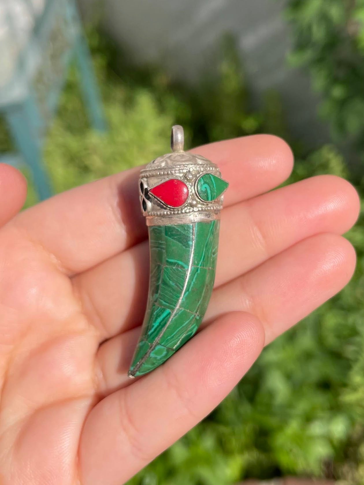 Malachite and Coral Silver Pendent