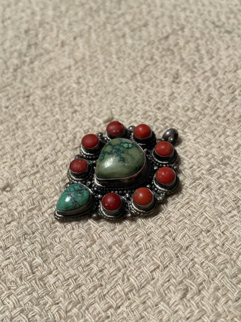 Turquoise and Coral Silver Pendent