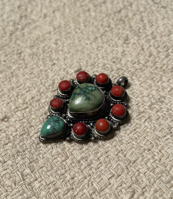 Turquoise and Coral Silver Pendent