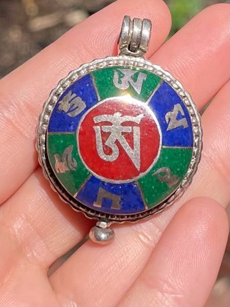 Lapis Lazuli, Coral, and Malachite Silver Pendent