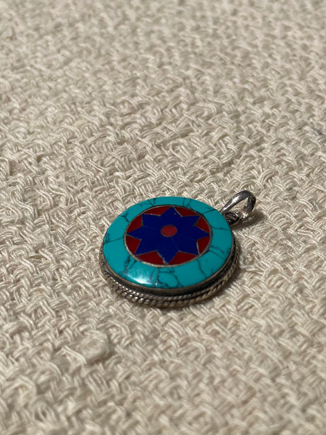 Turquoise, Lapis Lazuli, and Coral Silver Pendent