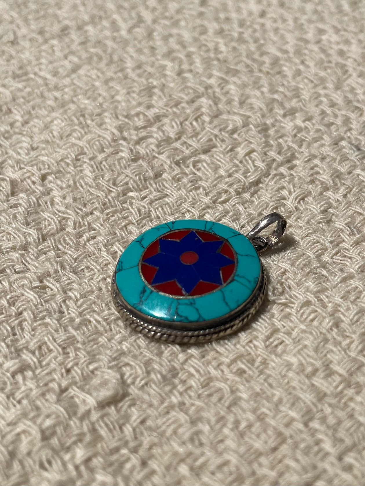 Turquoise, Lapis Lazuli, and Coral Silver Pendent