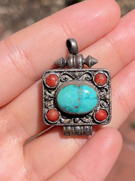 Turquoise and Coral Silver Pendent