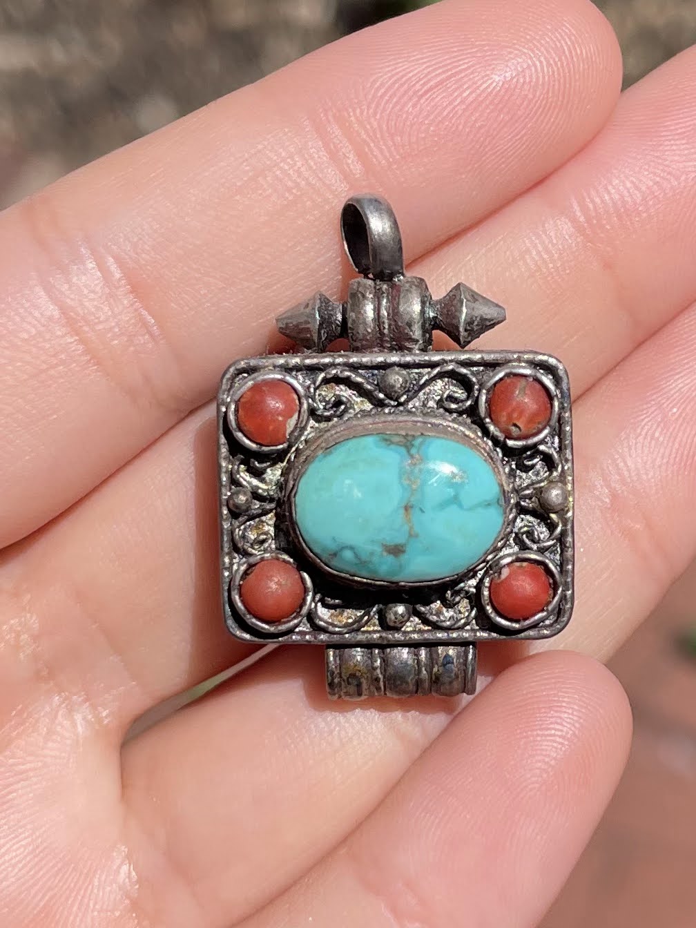 Turquoise and Coral Silver Pendent