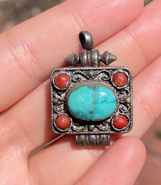Turquoise and Coral Silver Pendent
