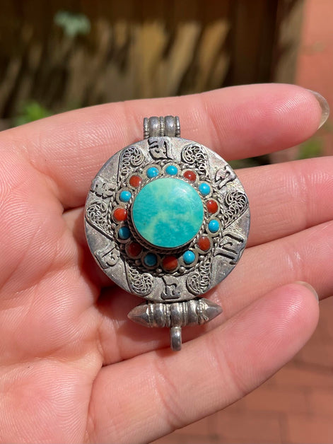 Turquoise and Coral Silver Pendent