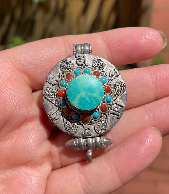 Turquoise and Coral Silver Pendent