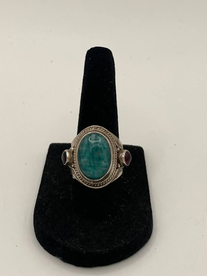 Amazonite & Garnet Silver Ring