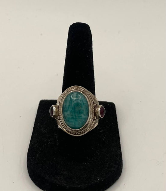 Amazonite & Garnet Silver Ring