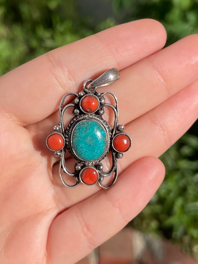 Turquoise and Coral Silver Pendent