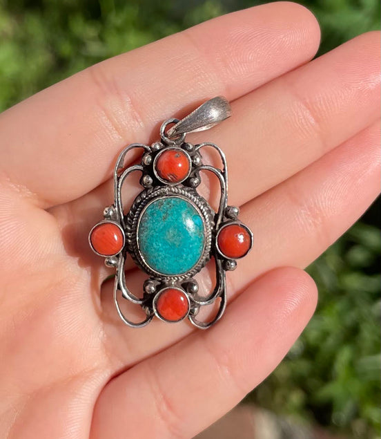 Turquoise and Coral Silver Pendent