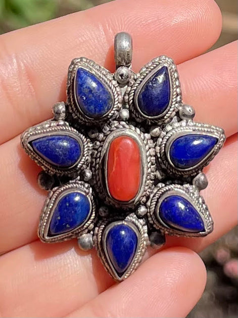 Lapis Lazuli and Coral Silver Pendent