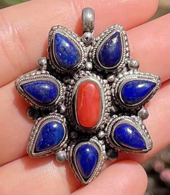 Lapis Lazuli and Coral Silver Pendent