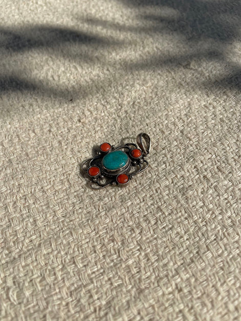 Turquoise and Coral Silver Pendent