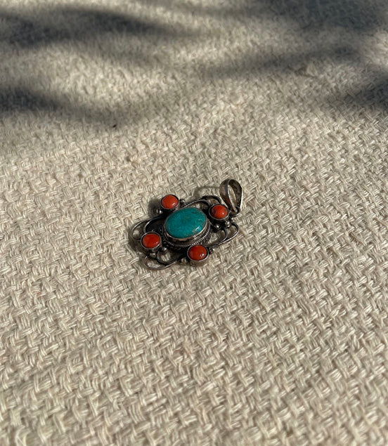 Turquoise and Coral Silver Pendent