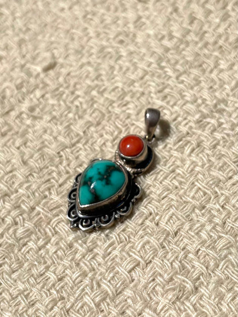Turquoise and Coral Silver Pendent