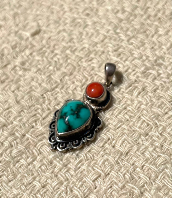 Turquoise and Coral Silver Pendent