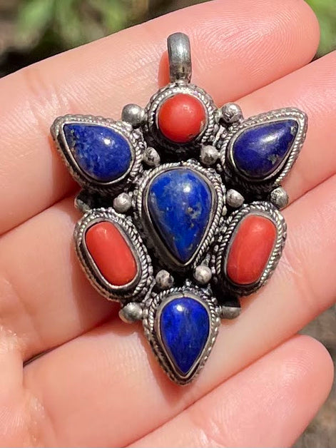 Lapis Lazuli and Coral Silver Pendent