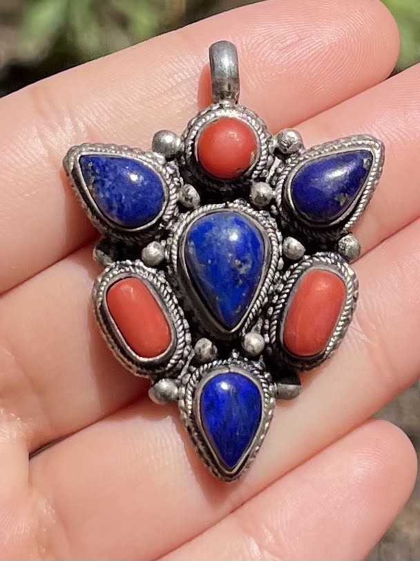 Lapis Lazuli and Coral Silver Pendent