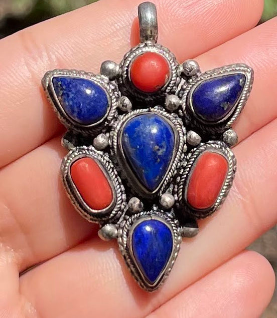 Lapis Lazuli and Coral Silver Pendent