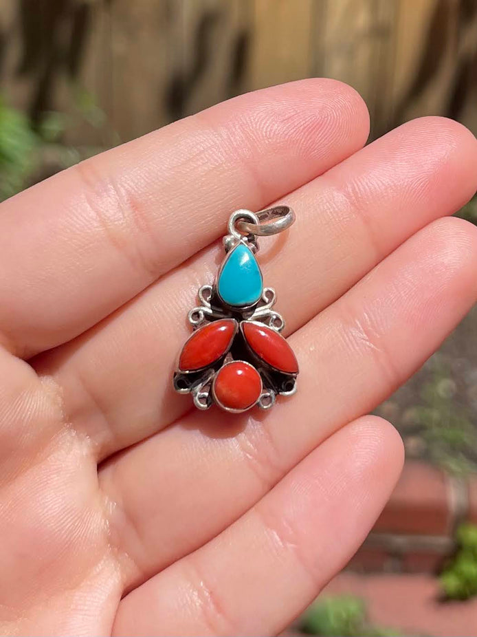Turquoise and Coral Silver Pendent