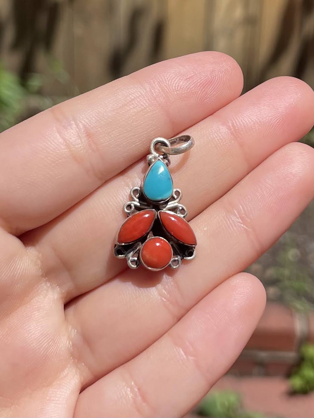Turquoise and Coral Silver Pendent
