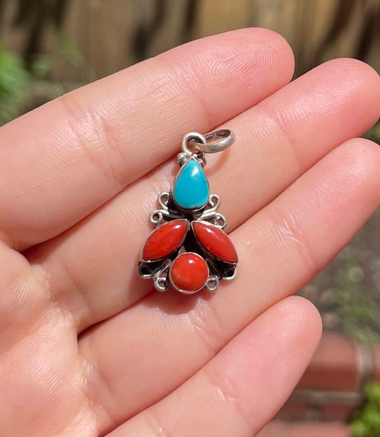 Turquoise and Coral Silver Pendent