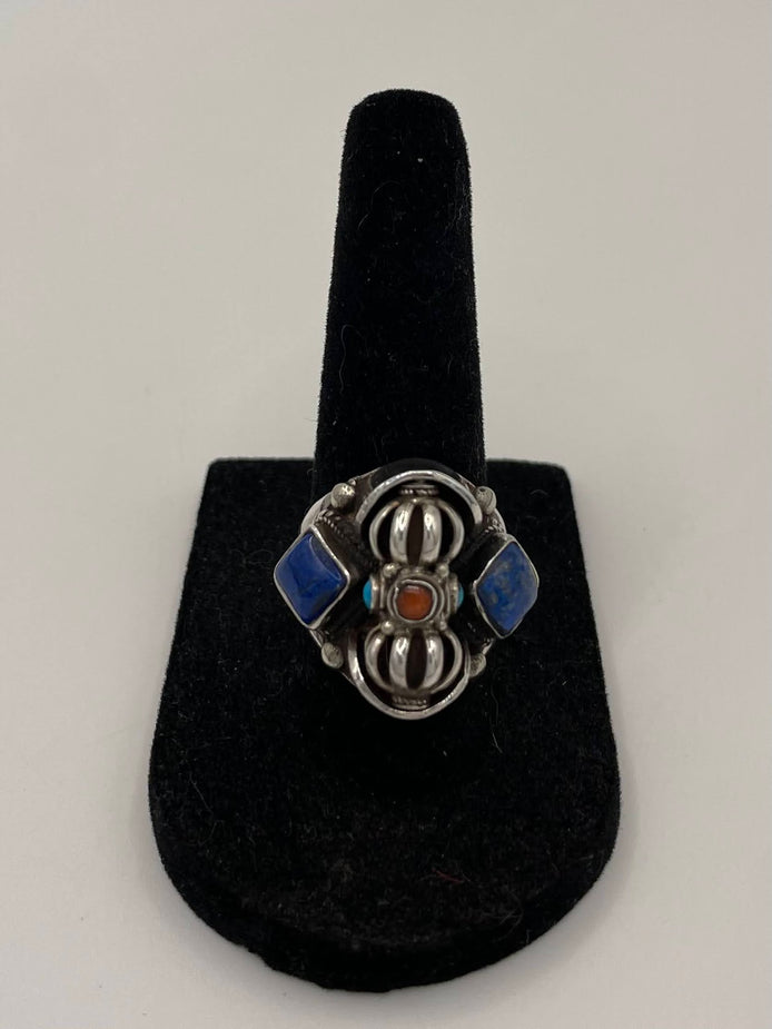 Lapis Lazuli, Turquoise, Coral Silver Ring