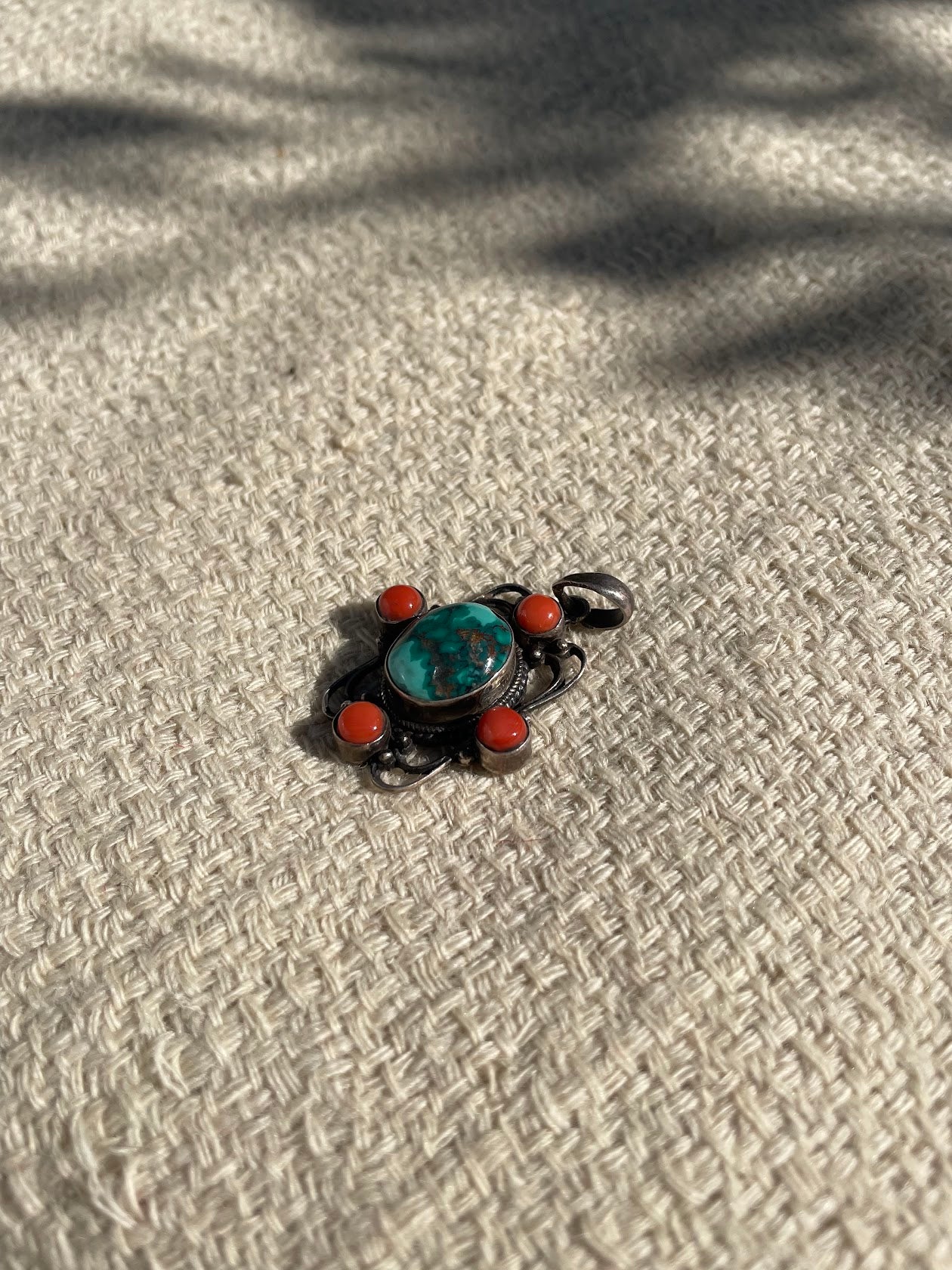 Turquoise and Coral Silver Pendent