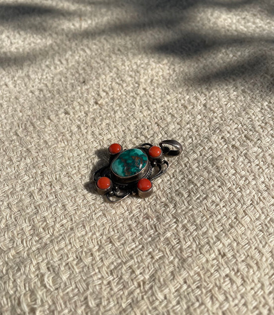 Turquoise and Coral Silver Pendent