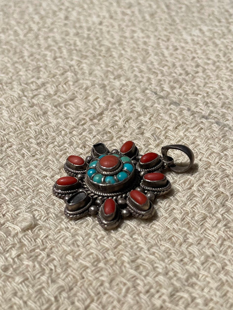 Turquoise and Coral Silver Pendent
