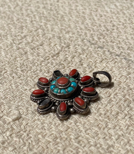 Turquoise and Coral Silver Pendent