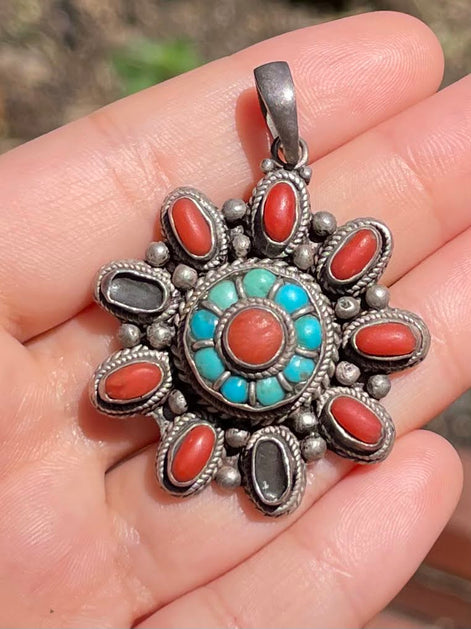 Turquoise and Coral Silver Pendent