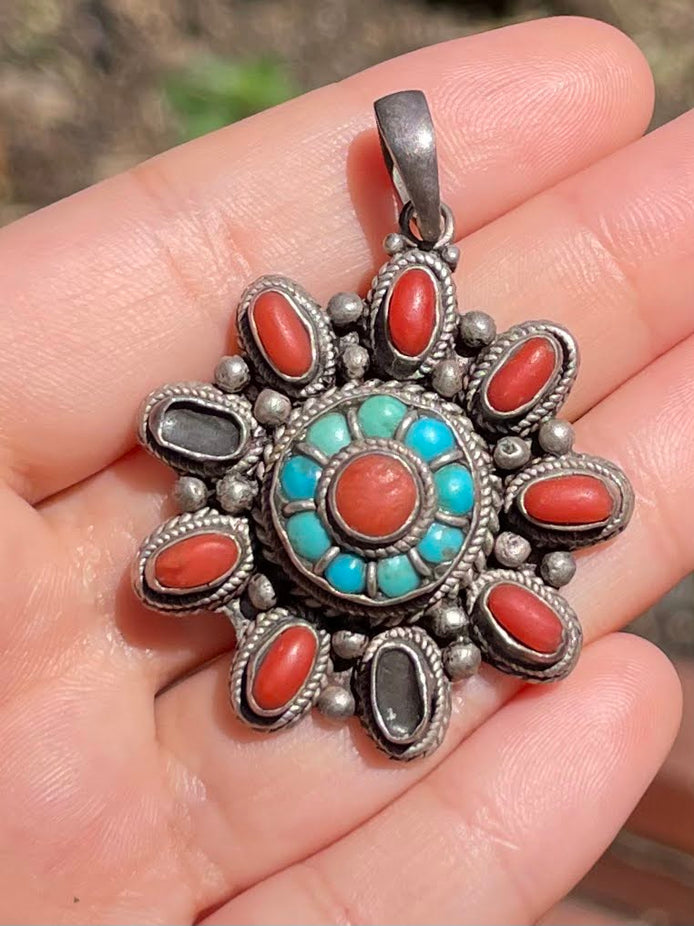 Turquoise and Coral Silver Pendent