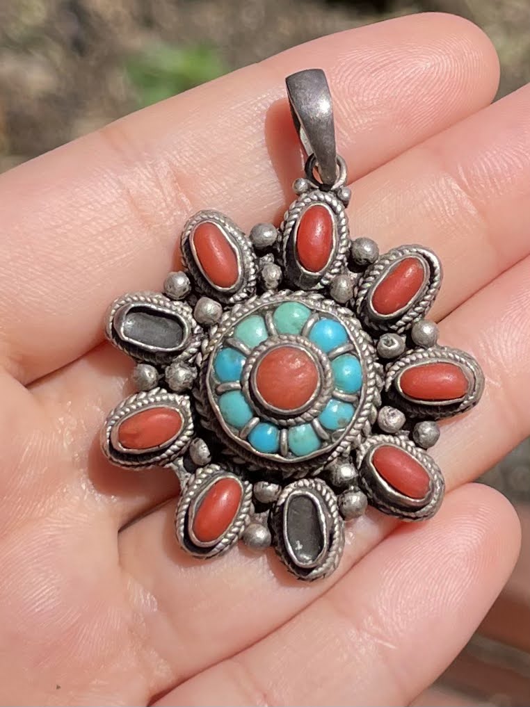 Turquoise and Coral Silver Pendent