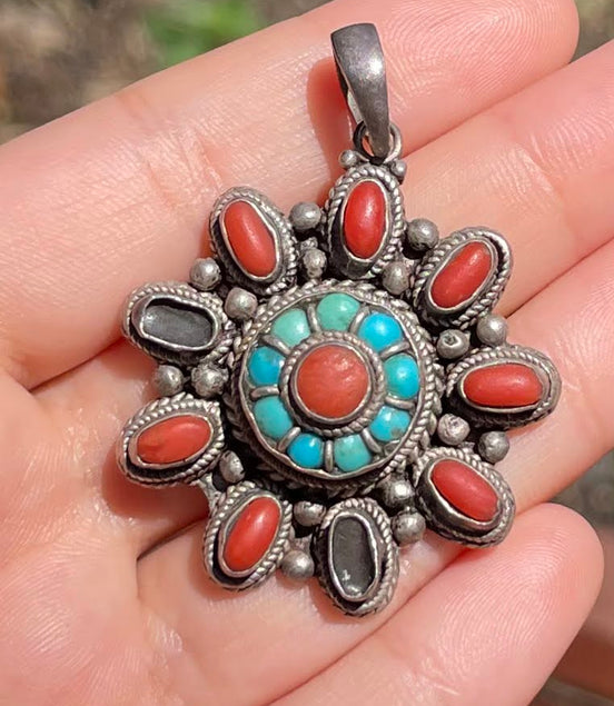 Turquoise and Coral Silver Pendent