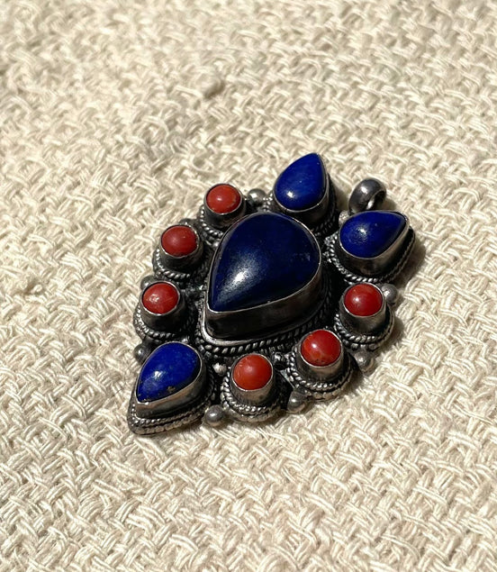 Lapis Lazuli and Coral Silver Pendent