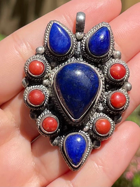 Lapis Lazuli and Coral Silver Pendent