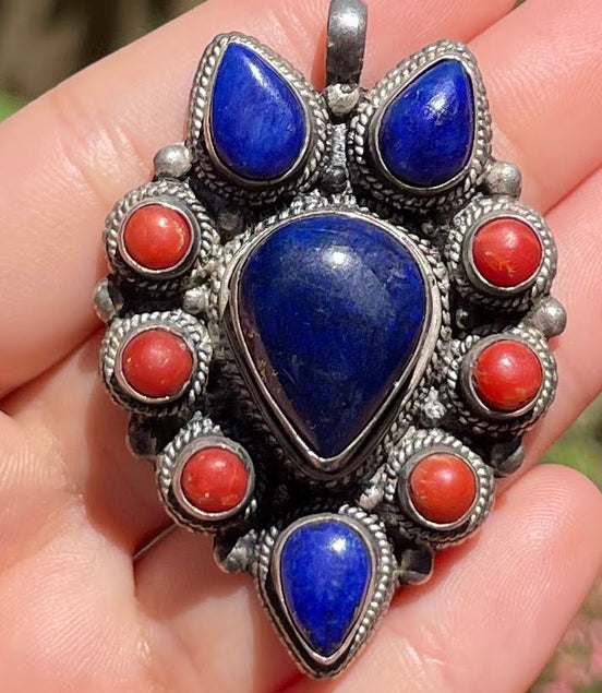 Lapis Lazuli and Coral Silver Pendent