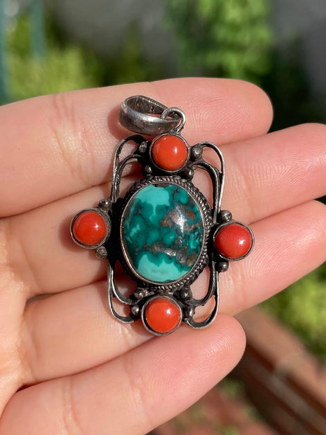 Turquoise and Coral Silver Pendent