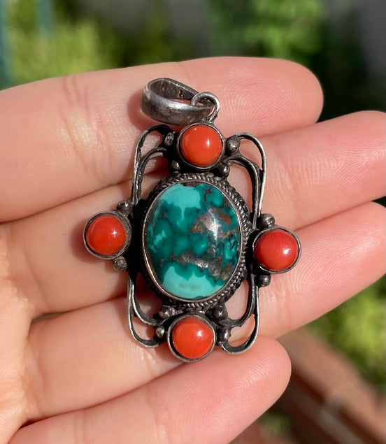 Turquoise and Coral Silver Pendent